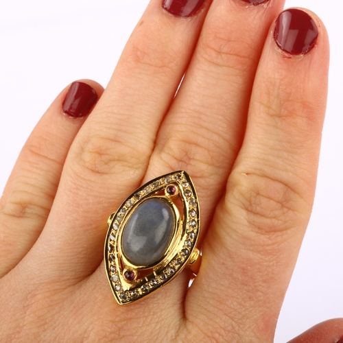 1216 - A large modern silver-gilt labradorite ruby and diamond marquise cluster ring, setting height 30.8mm... 