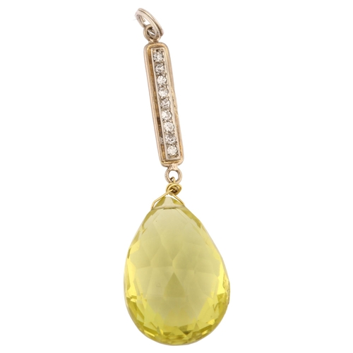 1220 - A modern lemon quartz and diamond drop pendant, set with briolette-cut quartz, pendant height 43.1mm... 