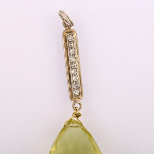 1220 - A modern lemon quartz and diamond drop pendant, set with briolette-cut quartz, pendant height 43.1mm... 