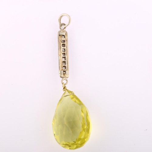 1220 - A modern lemon quartz and diamond drop pendant, set with briolette-cut quartz, pendant height 43.1mm... 