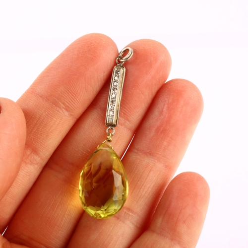 1220 - A modern lemon quartz and diamond drop pendant, set with briolette-cut quartz, pendant height 43.1mm... 