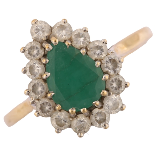 1222 - A late 20th century 9ct gold emerald and cubic zirconia pear cluster ring, hallmarks London 1981, se... 