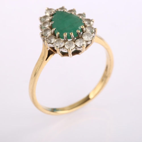 1222 - A late 20th century 9ct gold emerald and cubic zirconia pear cluster ring, hallmarks London 1981, se... 