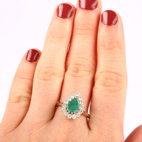 1222 - A late 20th century 9ct gold emerald and cubic zirconia pear cluster ring, hallmarks London 1981, se... 