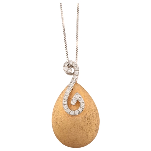 1223 - A modern 18ct rose and white gold diamond tear-drop pendant necklace, on 18ct fine box link chain, t... 