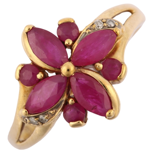 1225 - A modern 9ct gold ruby and diamond cluster flowerhead ring, setting height 14.1mm, size R, 2.8g