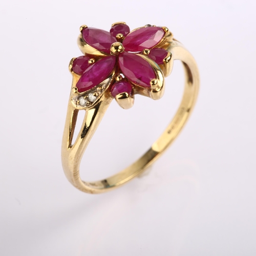 1225 - A modern 9ct gold ruby and diamond cluster flowerhead ring, setting height 14.1mm, size R, 2.8g