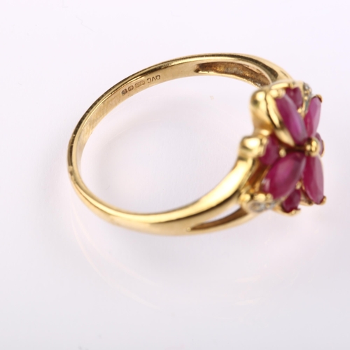 1225 - A modern 9ct gold ruby and diamond cluster flowerhead ring, setting height 14.1mm, size R, 2.8g