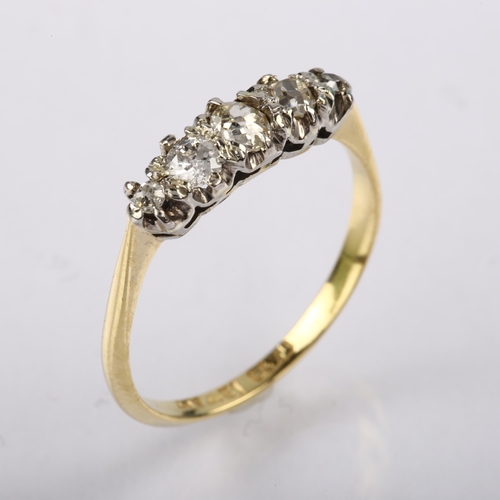 1228 - An 18ct gold graduated five stone diamond ring, platinum-topped set with old-cut diamonds, total dia... 