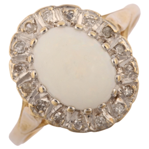 1232 - A late 20th century 9ct gold opal and diamond oval cluster ring, set with oval cabochon opal and sin... 