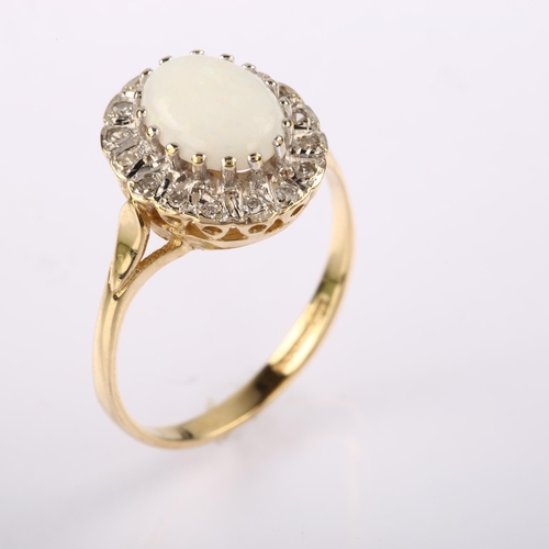 1232 - A late 20th century 9ct gold opal and diamond oval cluster ring, set with oval cabochon opal and sin... 