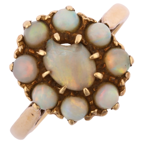 1233 - A mid-20th century 9ct gold opal oval cluster ring, set with oval and round cabochon opals, hallmark... 