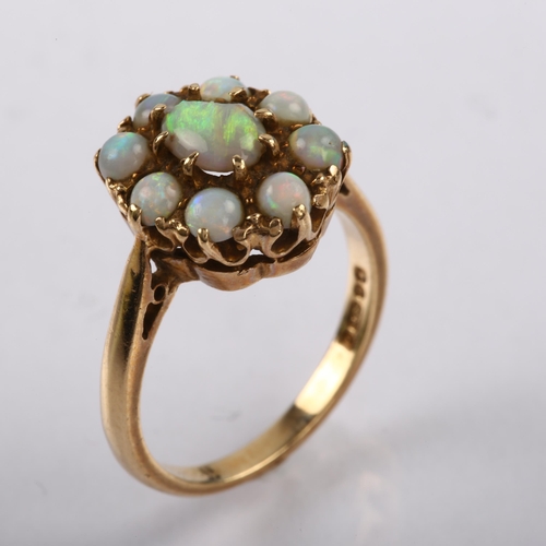 1233 - A mid-20th century 9ct gold opal oval cluster ring, set with oval and round cabochon opals, hallmark... 