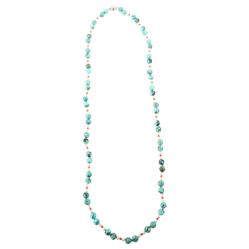 1236 - **WITHDRAWN** A single-strand turquoise matrix pearl and coral bead necklace, with 14ct white gold c... 