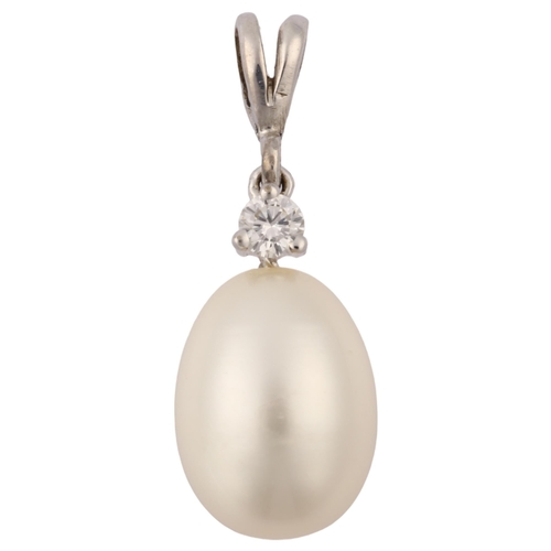 1237 - A modern cultured pearl and diamond drop pendant, unmarked white metal settings with 0.05ct modern r... 