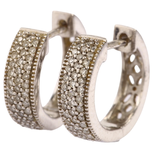 1269 - A pair of 9ct white gold diamond hoop earrings, pave set with single-cut diamonds, hoop diameter 14.... 