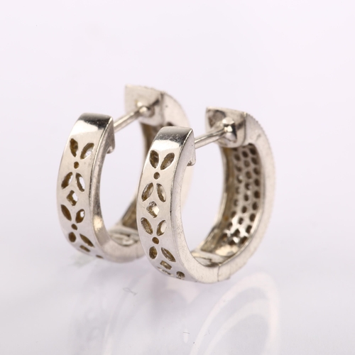 1269 - A pair of 9ct white gold diamond hoop earrings, pave set with single-cut diamonds, hoop diameter 14.... 