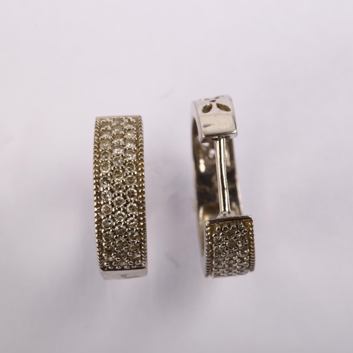 1269 - A pair of 9ct white gold diamond hoop earrings, pave set with single-cut diamonds, hoop diameter 14.... 