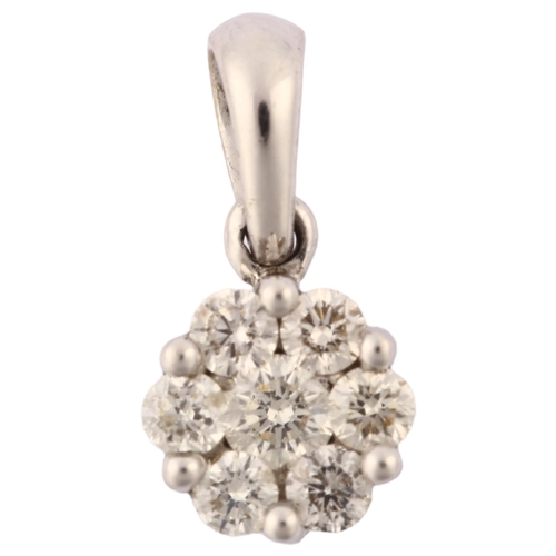 1270 - A modern 9ct white gold diamond flowerhead cluster pendant, prong set with modern round brilliant-cu... 