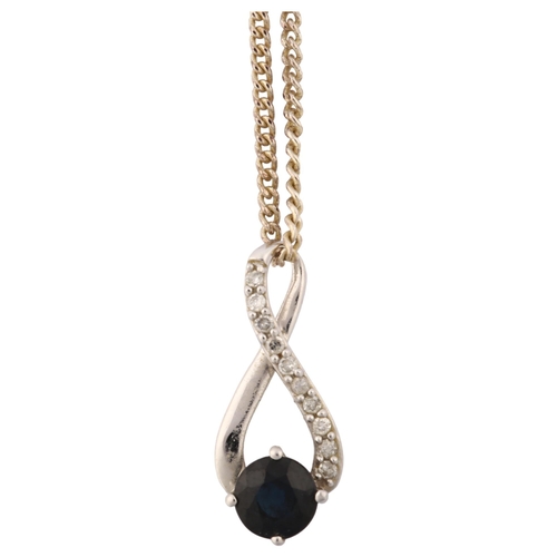 1275 - A modern 9ct white gold sapphire and diamond infinity pendant necklace, on sterling silver fine curb... 