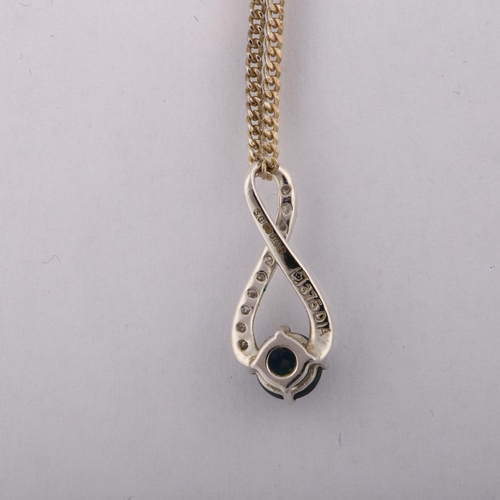 1275 - A modern 9ct white gold sapphire and diamond infinity pendant necklace, on sterling silver fine curb... 