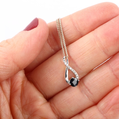 1275 - A modern 9ct white gold sapphire and diamond infinity pendant necklace, on sterling silver fine curb... 