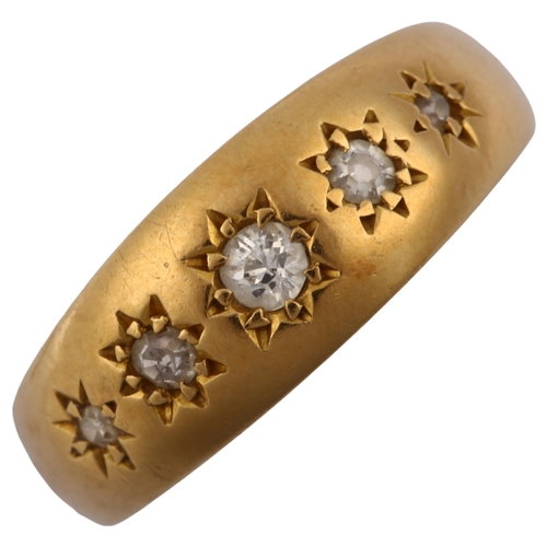 1279 - An early 20th century 18ct gold graduated five stone diamond gypsy ring, set with old-cut diamonds, ... 