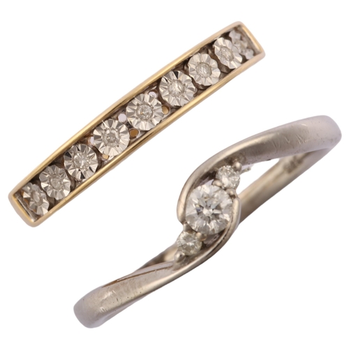 1281 - 2 x 9ct gold diamond rings, sizes J and P, 3.4g total (2)