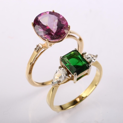 1283 - 2 x 9ct gold gem set rings, sizes P and R, 5.1g total (2)