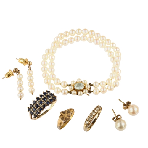 1284 - Various jewellery, including 2 x 9ct gold rings (5.6g), pearl bracelet and earrings, and an unmarked... 