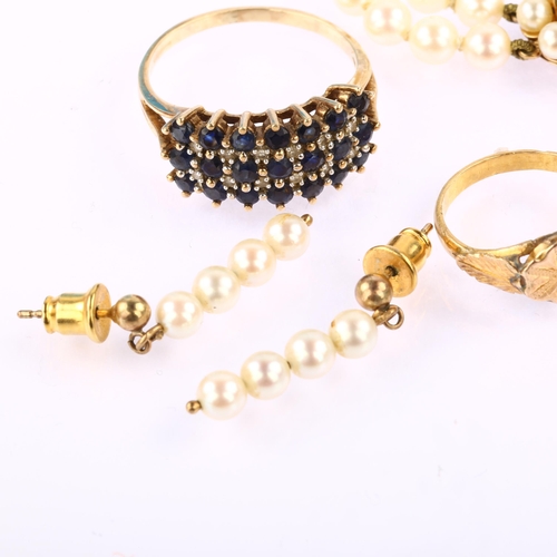 1284 - Various jewellery, including 2 x 9ct gold rings (5.6g), pearl bracelet and earrings, and an unmarked... 