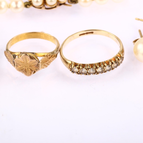 1284 - Various jewellery, including 2 x 9ct gold rings (5.6g), pearl bracelet and earrings, and an unmarked... 