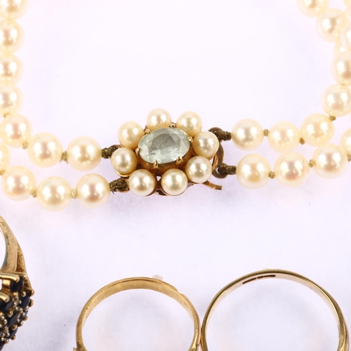 1284 - Various jewellery, including 2 x 9ct gold rings (5.6g), pearl bracelet and earrings, and an unmarked... 