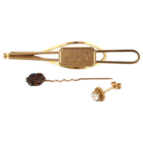 1286 - Various jewellery, including 9ct gold tie clip (5g), 9ct gold earring (0.6g), and unmarked gold garn... 