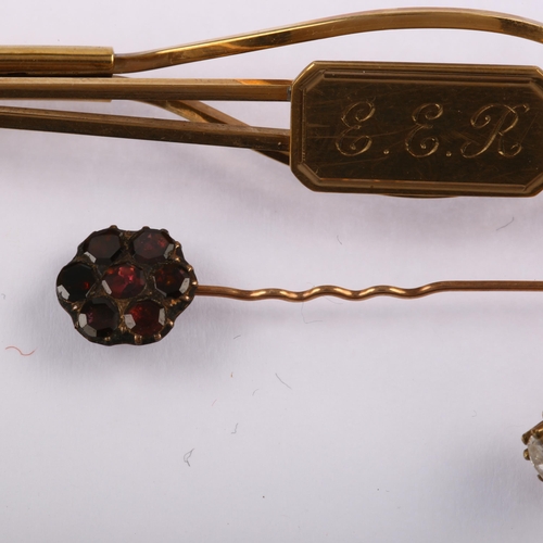 1286 - Various jewellery, including 9ct gold tie clip (5g), 9ct gold earring (0.6g), and unmarked gold garn... 