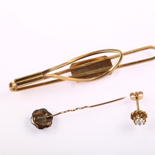 1286 - Various jewellery, including 9ct gold tie clip (5g), 9ct gold earring (0.6g), and unmarked gold garn... 