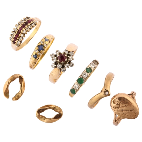 1289 - Various gold jewellery, comprising 2 x 18ct rings (4g), 1 x 14ct ring (4.1g), and 3 x 9ct rings (5.6... 