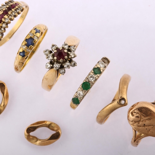 1289 - Various gold jewellery, comprising 2 x 18ct rings (4g), 1 x 14ct ring (4.1g), and 3 x 9ct rings (5.6... 