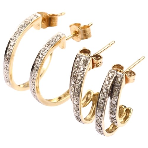 1290 - 2 pairs of 9ct gold diamond earrings, hoop diameter 17.4mm, 3.8g total (2 pairs)