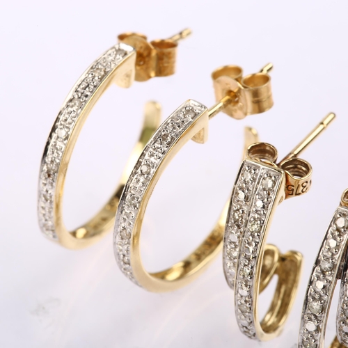 1290 - 2 pairs of 9ct gold diamond earrings, hoop diameter 17.4mm, 3.8g total (2 pairs)