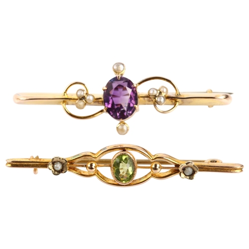 1291 - 2 Edwardian 9ct gold gem set bar brooches, including peridot and amethyst, largest length 47mm, 4g t... 