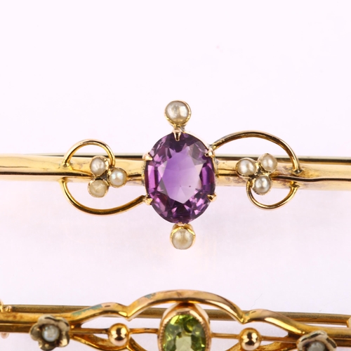 1291 - 2 Edwardian 9ct gold gem set bar brooches, including peridot and amethyst, largest length 47mm, 4g t... 