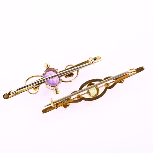 1291 - 2 Edwardian 9ct gold gem set bar brooches, including peridot and amethyst, largest length 47mm, 4g t... 