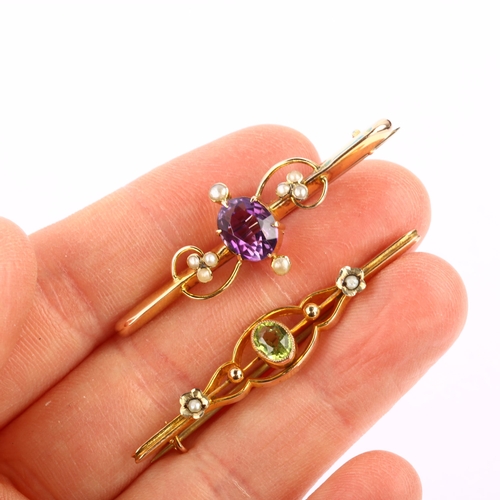 1291 - 2 Edwardian 9ct gold gem set bar brooches, including peridot and amethyst, largest length 47mm, 4g t... 