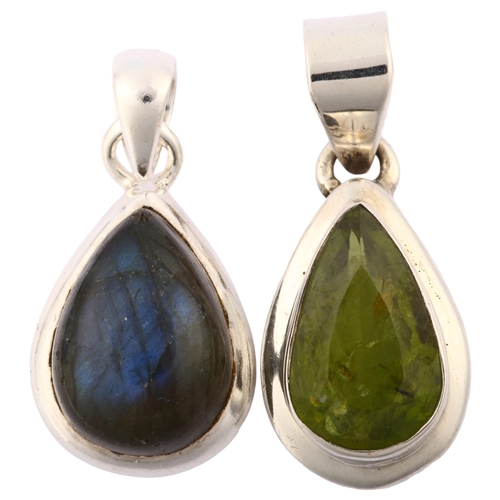 1293 - 2 modern sterling silver drop pendant, comprising labradorite and peridot, largest height 35.8mm, 15... 