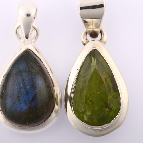 1293 - 2 modern sterling silver drop pendant, comprising labradorite and peridot, largest height 35.8mm, 15... 