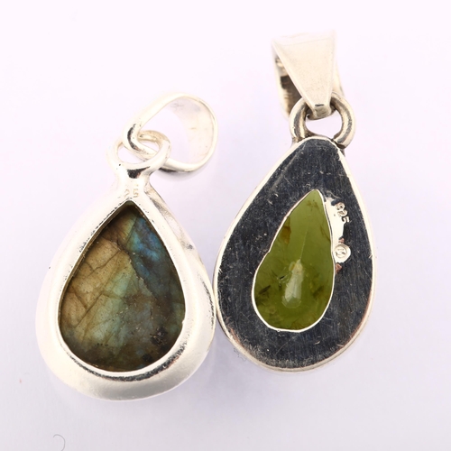 1293 - 2 modern sterling silver drop pendant, comprising labradorite and peridot, largest height 35.8mm, 15... 