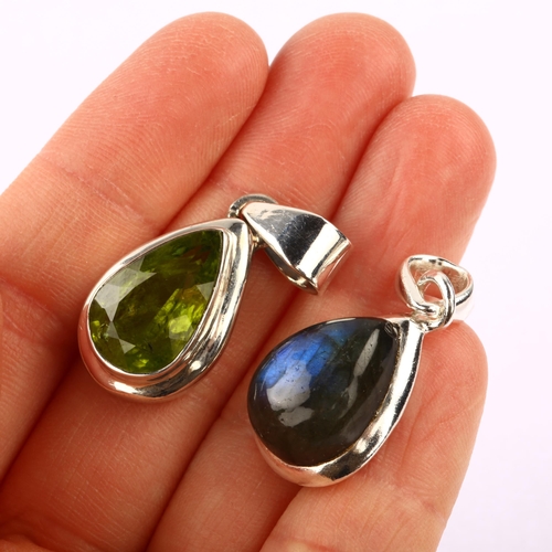 1293 - 2 modern sterling silver drop pendant, comprising labradorite and peridot, largest height 35.8mm, 15... 