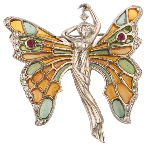 1299 - A modern sterling silver ruby cubic zirconia and plique-a-jour enamel fairy brooch, wingspan 49.2mm,... 