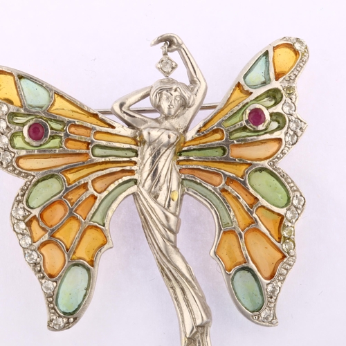 1299 - A modern sterling silver ruby cubic zirconia and plique-a-jour enamel fairy brooch, wingspan 49.2mm,... 